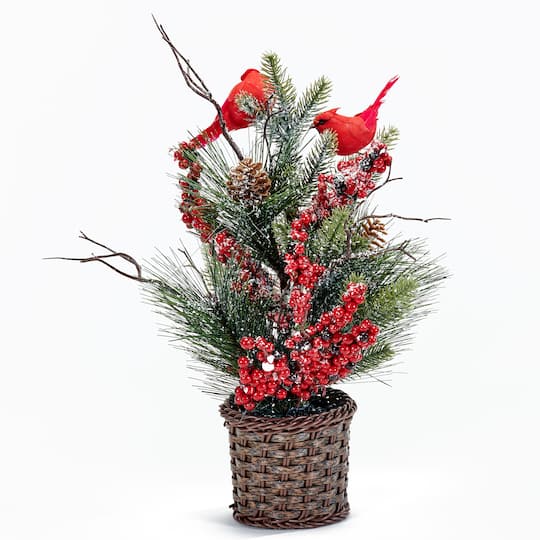 16" Christmas Basket with Artificial Red Berries, Pine, Cardinals & Cones